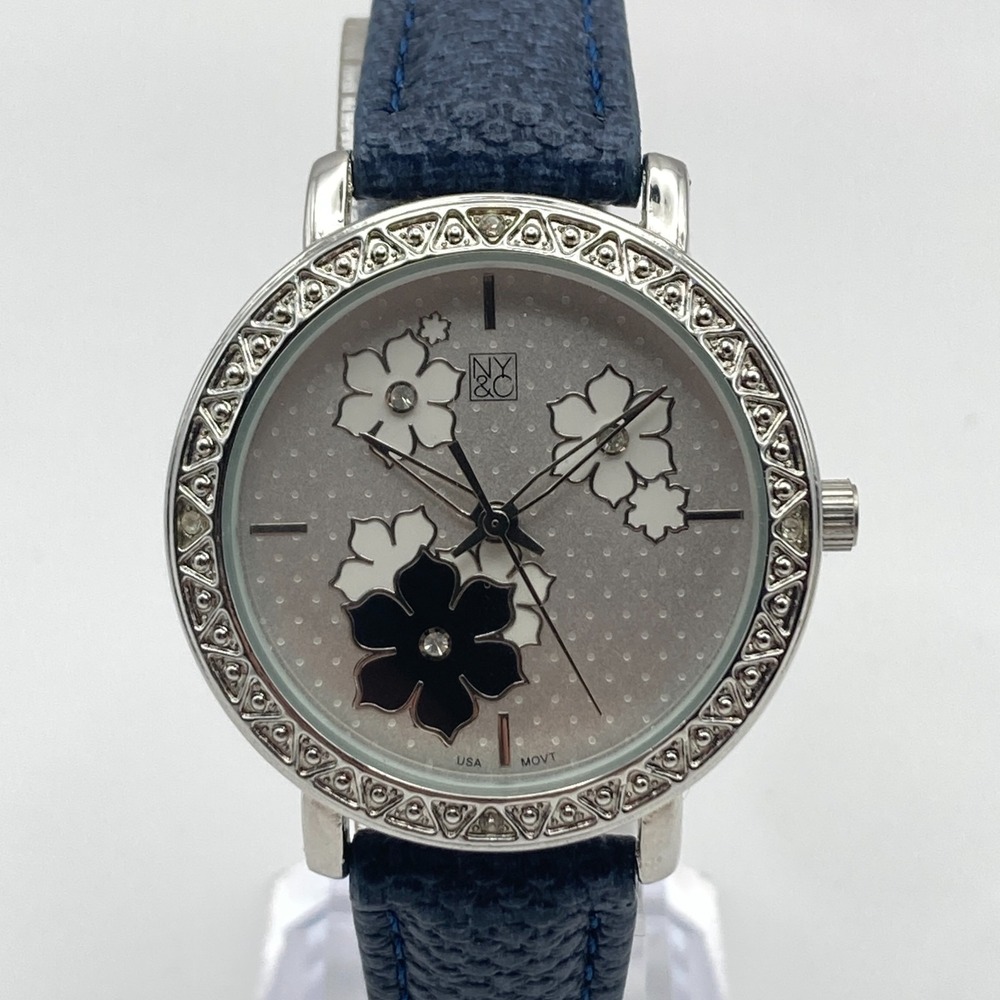 NY&C Women Watch Floral 36mm Silver Tone Crystals Vegan Leather New Battery 8.5"